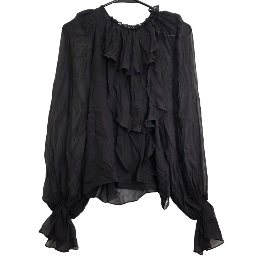 Thomas Wylde Black Silk Ruffle Semi Sheer Blouse Top Extra Small XS